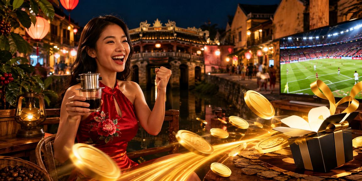 Khách hàng tại Hội An xem thông tin thưởng và thanh toán xổ số trực tuyến qua điện thoại bên ly cà phê